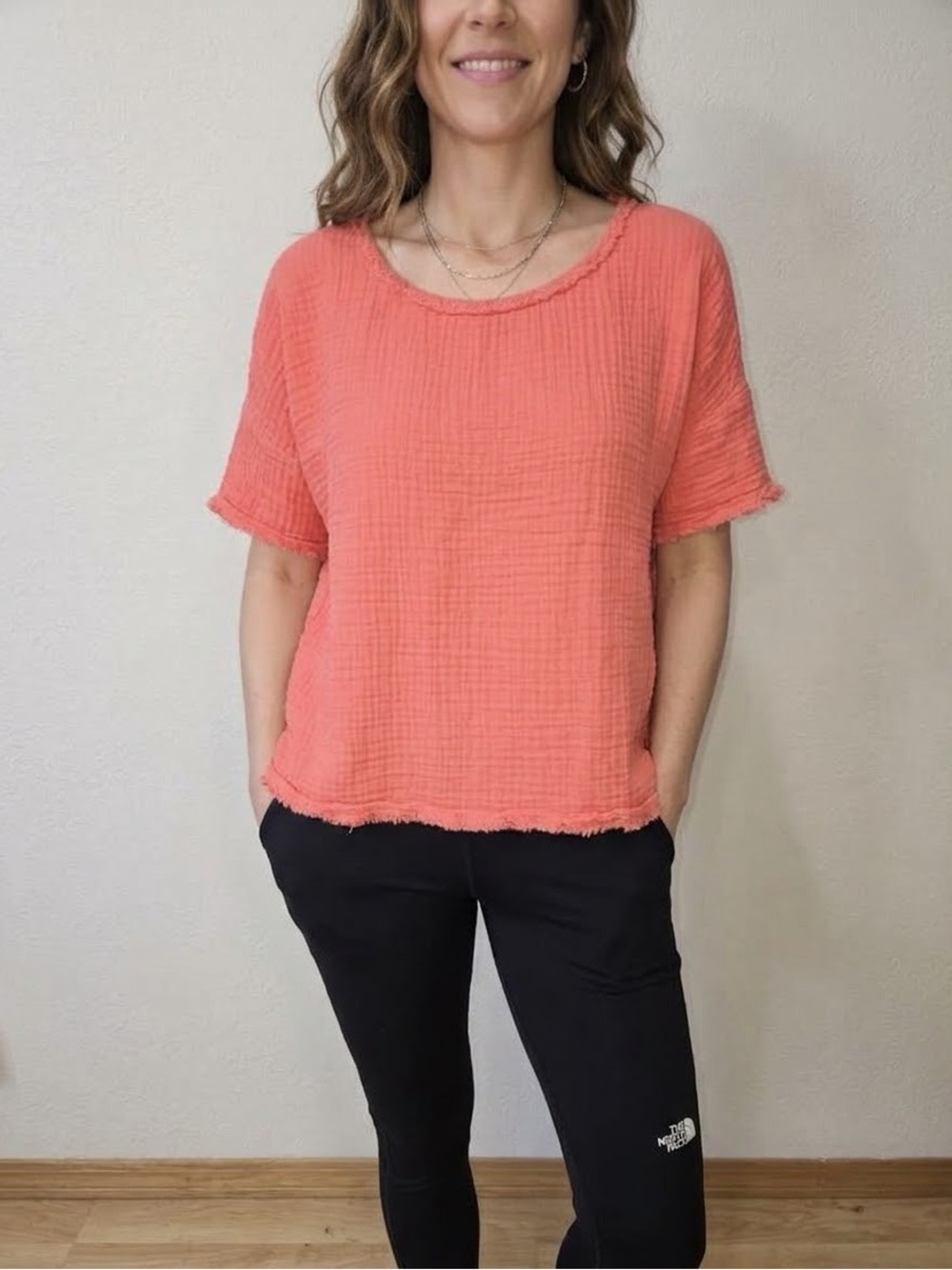 Eileen Fisher Boxy Top Women M Watermelon Organic Cotton Ballet Neck Fringe Edge